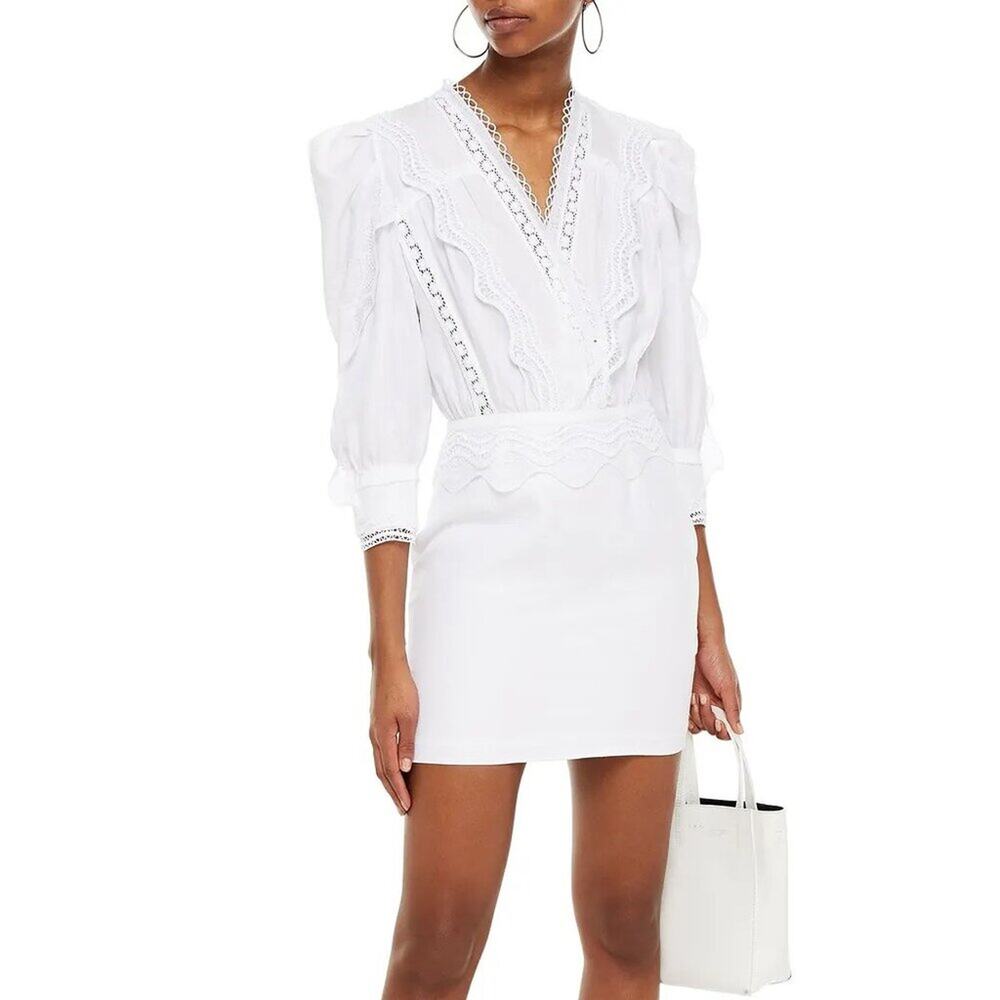 NWT$820 IRO Colm Crochet-Knit Lace V-neck Ruffled Cotton Mini Dress 38 4-6, S